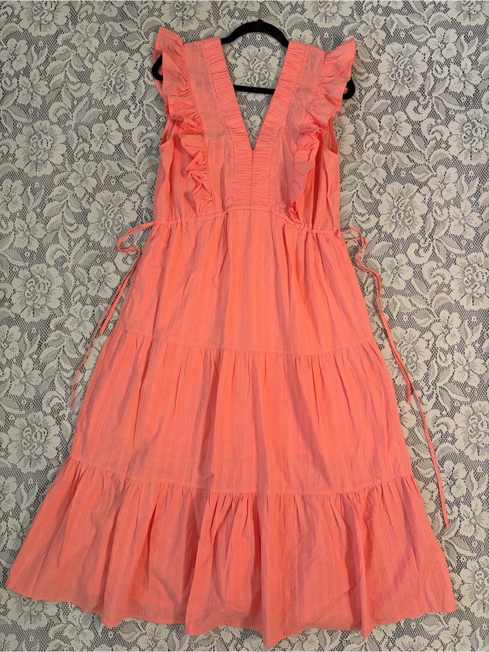 Strut & Bolt Sleeveless Double V Ruffled Neckline Tiered Poplin Maxi Dress